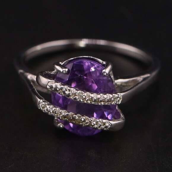 Genuine Diamond Ring w Amethyst 10ct total gems in Sterling Silver US 8 - Picture 1 of 7